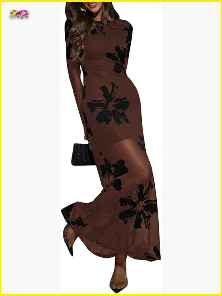 Floral Mesh Maxi Dress Elegant Long Sleeve Formal Wedding Guest Spring Party